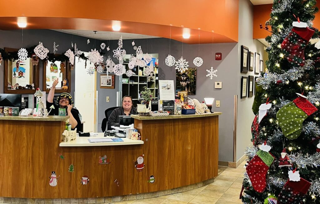 two receptionists smiling surrounded by holiday decorations